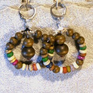 Bone and wood beaded hoop earrings ED-10-014